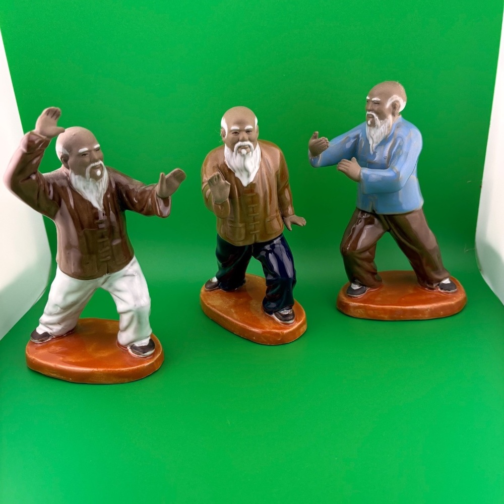 3 Vintage Chinese Shiwan Mudmen Tai Chi Figurines - 1 missing thumb - 6.5" tall